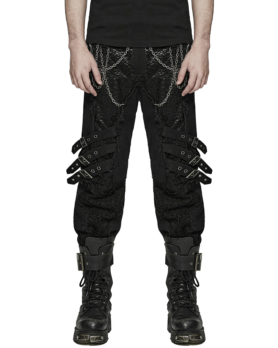 PR-K548-BKM Mens Apocalyptic Gothic Spliced Mesh & Chain Pants