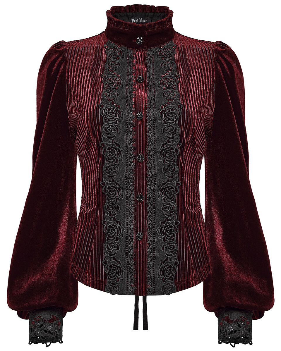WY-1798CCF Womens Elegant Gothic Striped Velvet & Lace Applique Blouse Top - Red