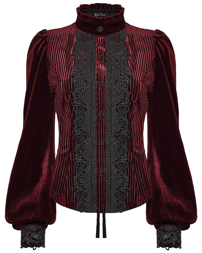 WY-1798CCF Womens Elegant Gothic Striped Velvet & Lace Applique Blouse Top - Red