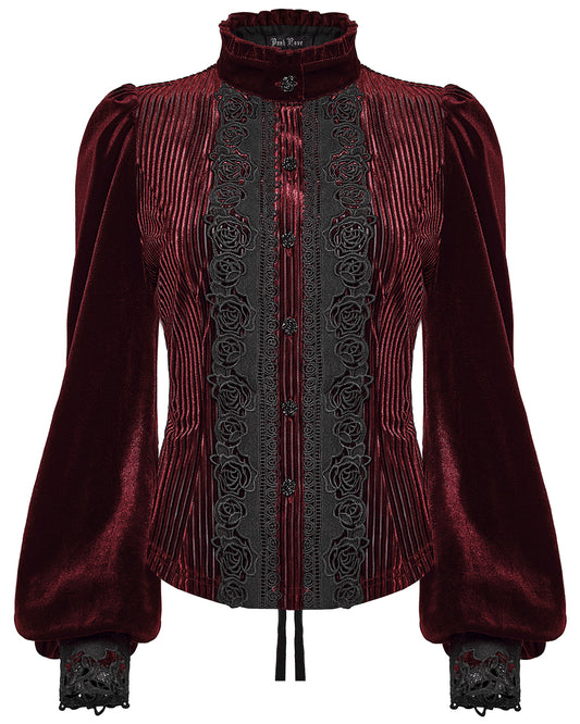 WY-1798CCF Womens Elegant Gothic Striped Velvet & Lace Applique Blouse Top - Red