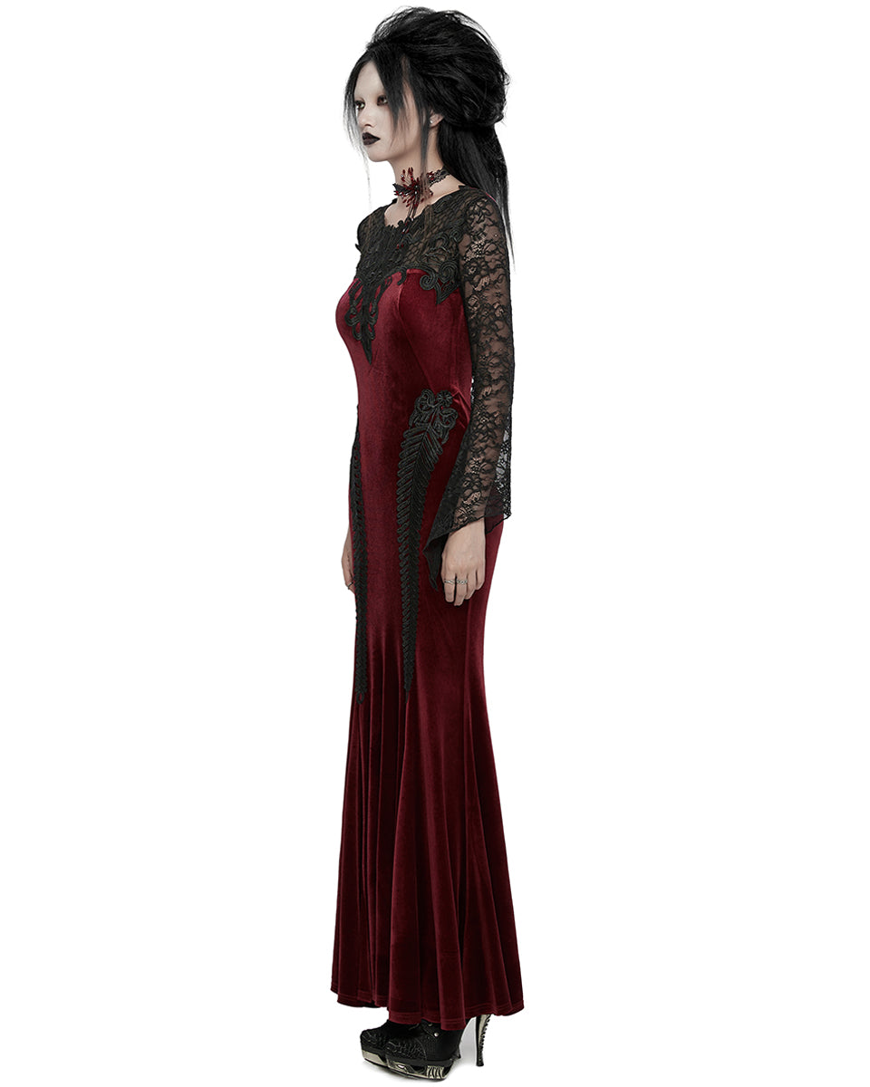 WQ-763LQF Womens Long Gothic Velvet & Lace Applique Maxi Dress - Red