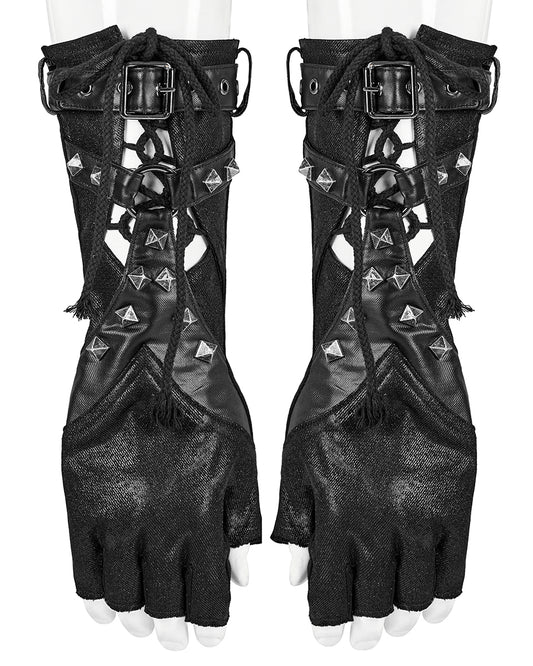 PR-S538-BKM Mens Apocalyptic Gothic Studded Lace Up Fingerless Gauntlet Gloves