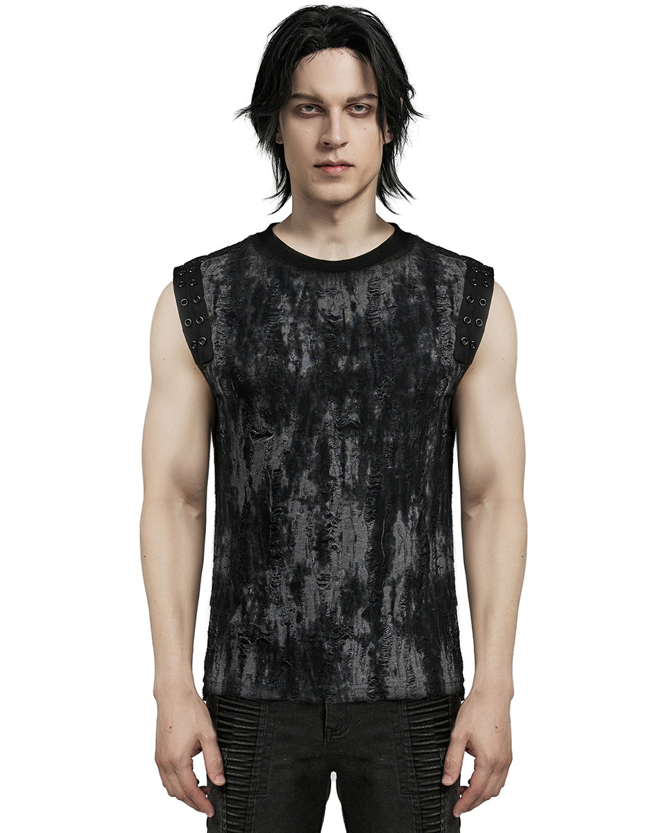 WT-887BXM-BKGYM Mens Apocalyptic Gothic Broken Knit Tank Top Vest - Distressed Grey & Black