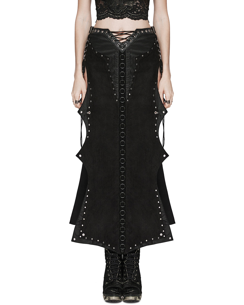 WQ-711BQF-BKF Long Apocalyptic CyberPunk Studded Side-Split Lacing Skirt