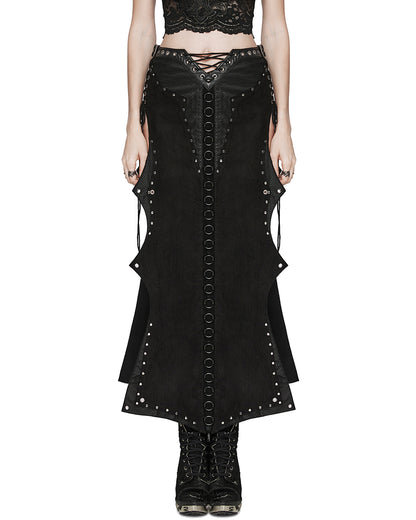 WQ-711BQF-BKF Long Apocalyptic CyberPunk Studded Side-Split Lacing Skirt