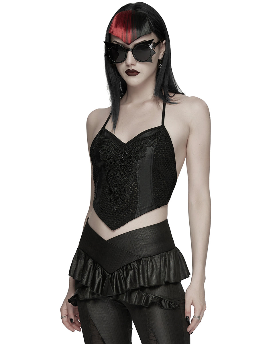 WT-1091DDF Womens Gothic Lace Applique Tie-Back Camisole Top