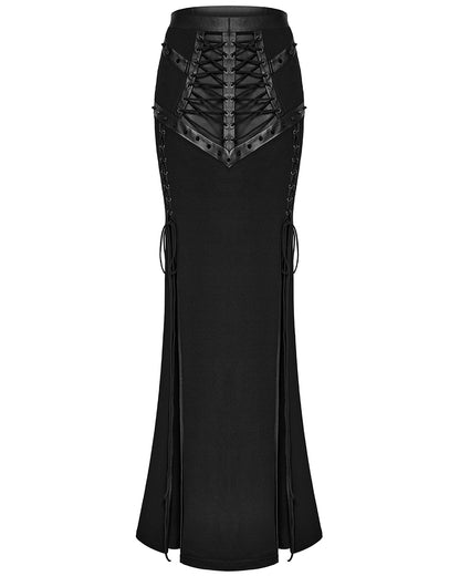 WQ-696BQF-BKF Daily Life Long Gothic Techwear Side-Split Lacing Maxi Skirt