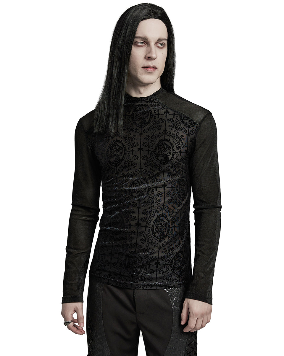 WT-907TCM-BKM Mens Gothic Skull Cameo Mesh Long Sleeve Tee