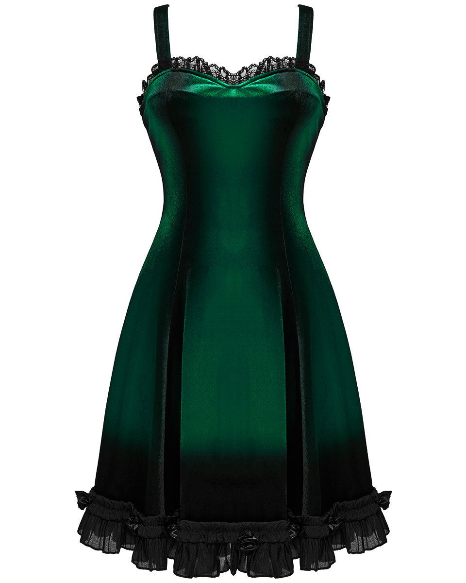 OQ-780DQF-GRF Daily Life Gothic Gradient Velvet Mini Dress - Green & Black