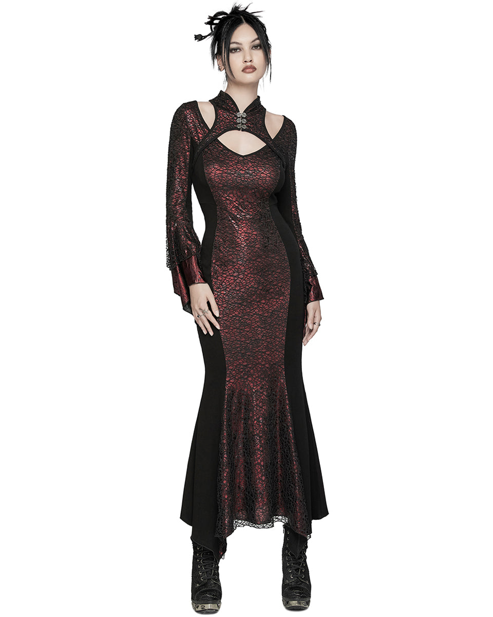 WQ-772LQF Womens Long Gothic Fitted Maxi Dress With Mesh Contrast - Red & Black