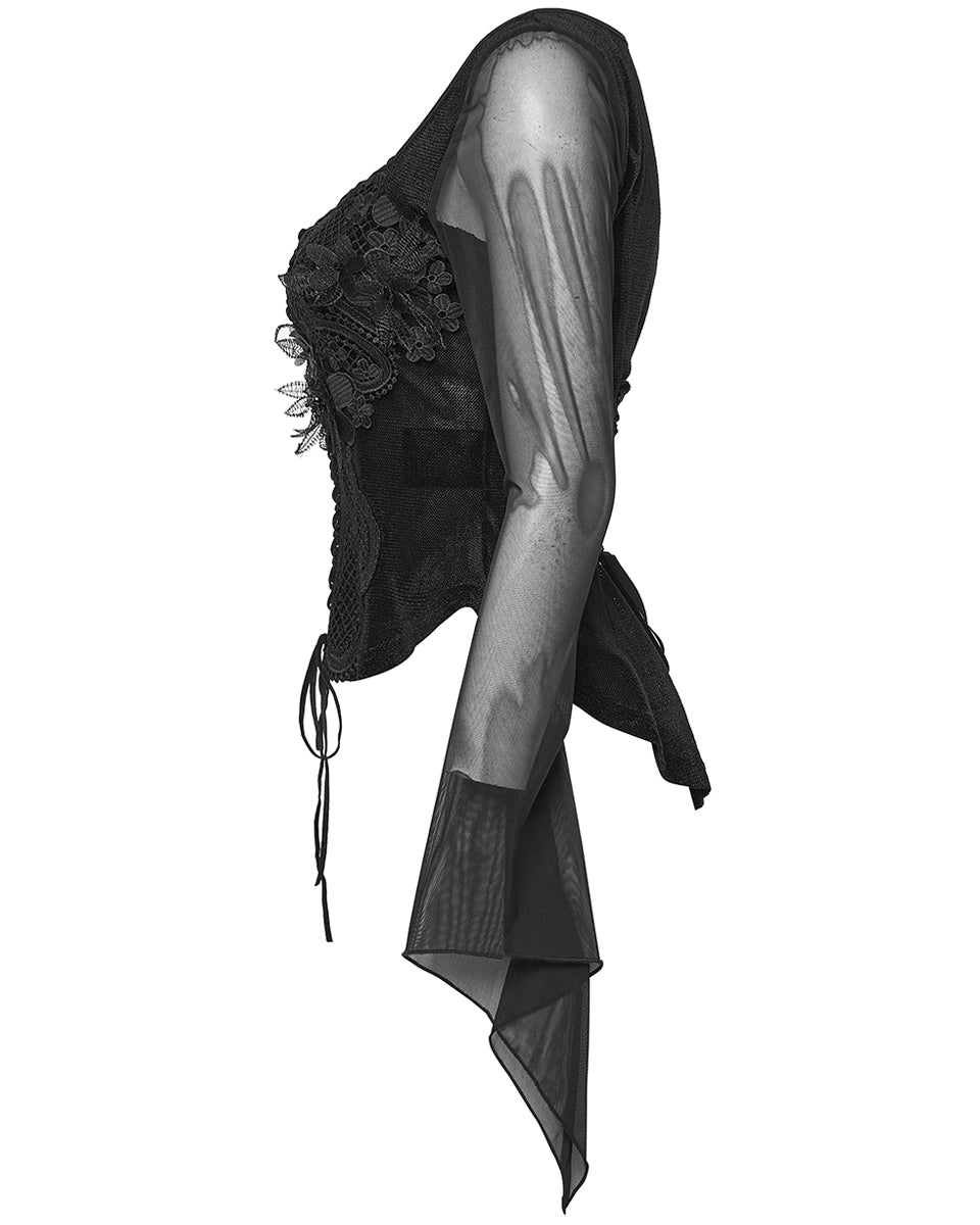 PR-WT-1069TCF-BKF Womens Elegant Gothic Velvet & Mesh Lace Applique Blouse Top
