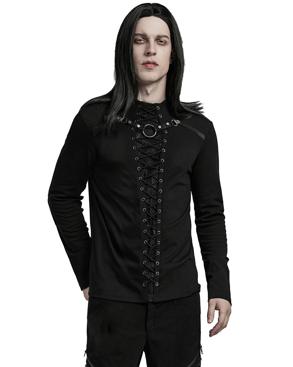 WT-896TCM-BKM Mens Dark Punk Lace-Up Mesh Inset Top - Black