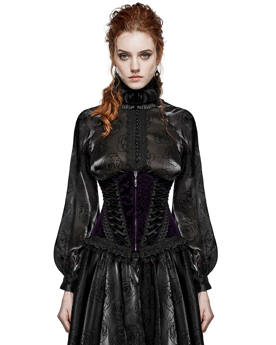 PR-DS-564YDF-BKVIF Gothic Victorian Damask Cincher Corset - Extended Size Range - Purple Velvet