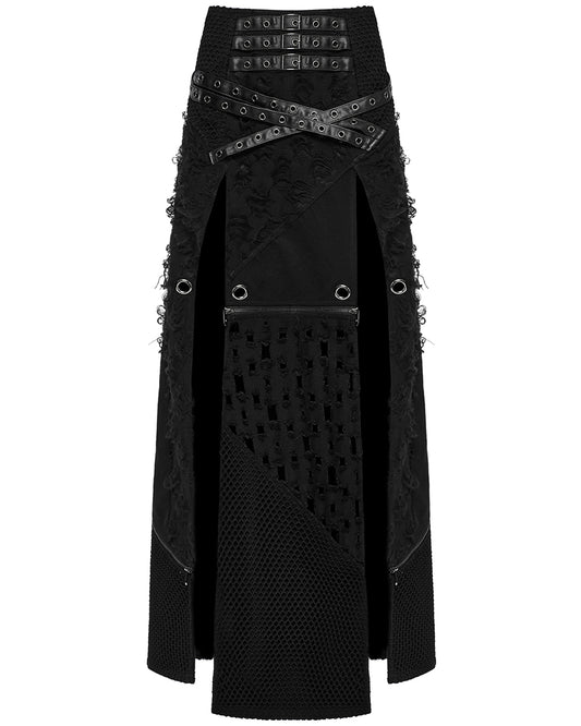 WQ-847BQF-BKF Womens Apocalyptic Punk Spliced Broken Knit Detachable Skirt