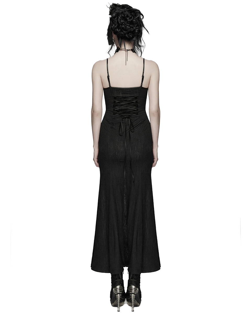 PR-WQ-934LQF-BKF Womens Long Elegant Gothic Lace Inset Applique Maxi Dress