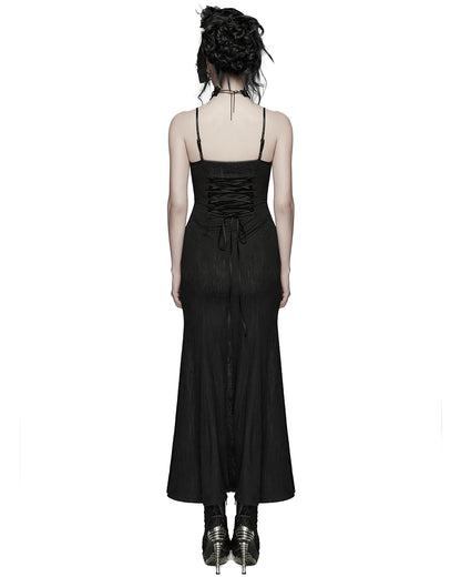 PR-WQ-934LQF-BKF Womens Long Elegant Gothic Lace Inset Applique Maxi Dress