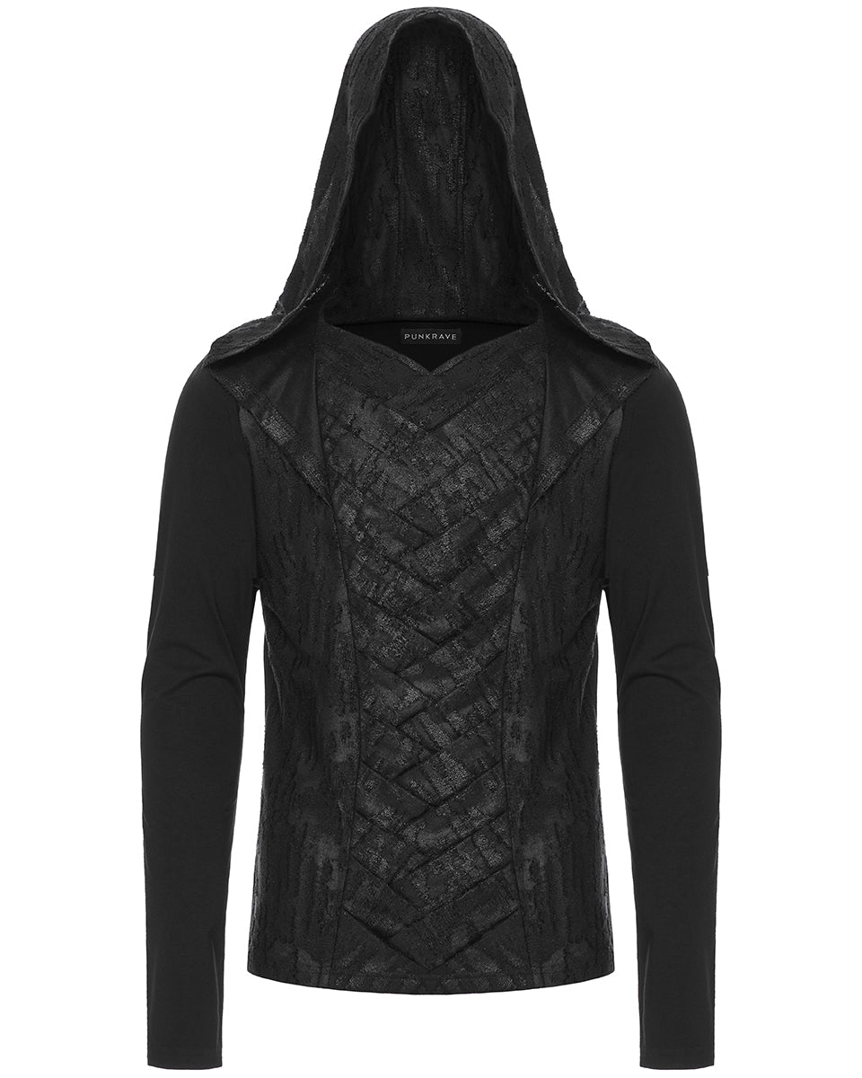 WT-937TCM Mens Apocalyptic Punk Broken Knit Patchwork Hooded Top