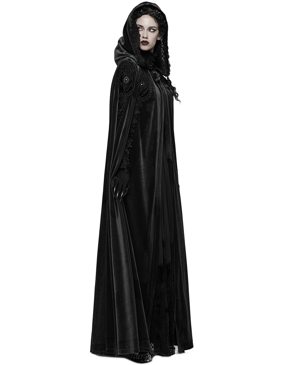 WY-1824DPF Womens Long Gothic Velvet & Lace Applique Hooded Cloak - Black