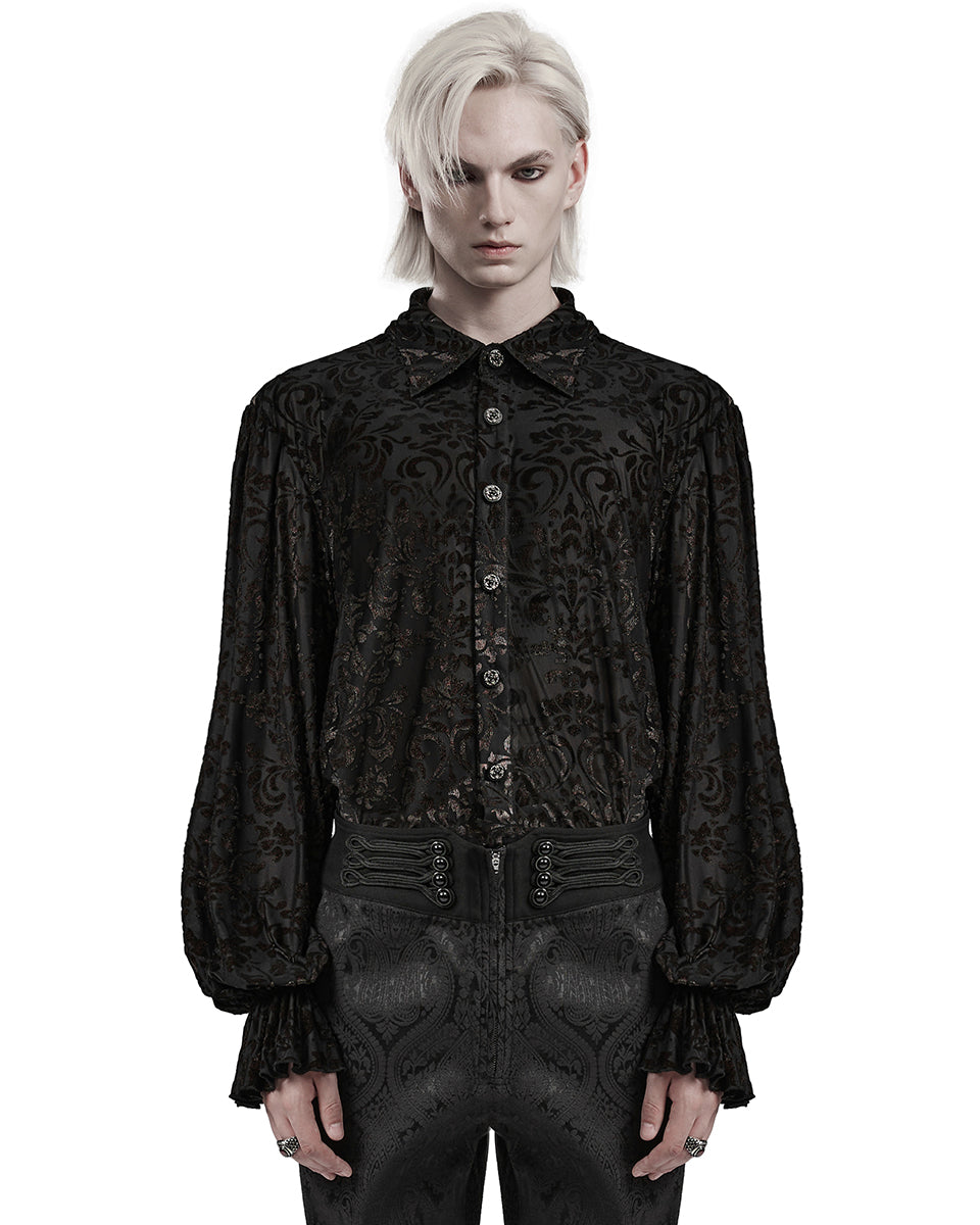 PR-WY-1558CCM-BK-GDM Mens Gothic Damask Flocking Poet Shirt - Black & Gold