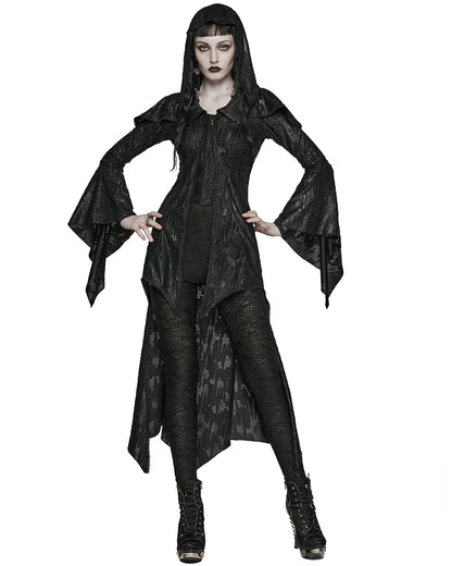 WY-1584ZCF-BKF Womens Long Gothic Witch Broken Knit Hooded Jacket