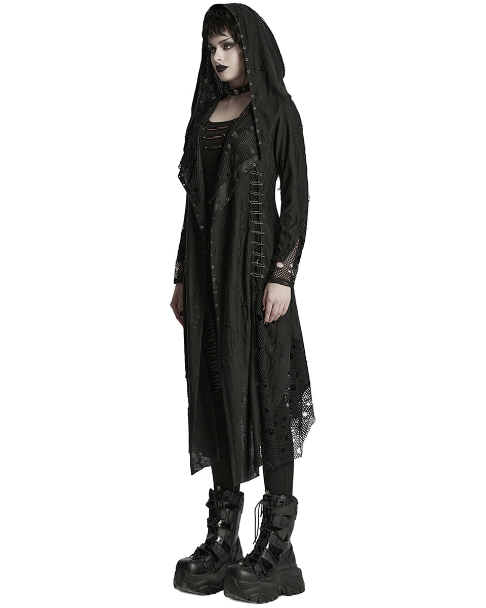 WY-1713XCF Womens Apocalyptic Gothic Broken Knit Hooded Piercing Cloak Jacket