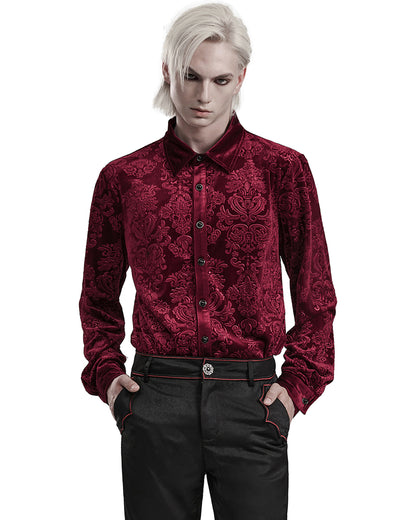 PR-WY-1541CCM-RDM Mens Gothic Aristocrat Embossed Velvet Damask Shirt - Red