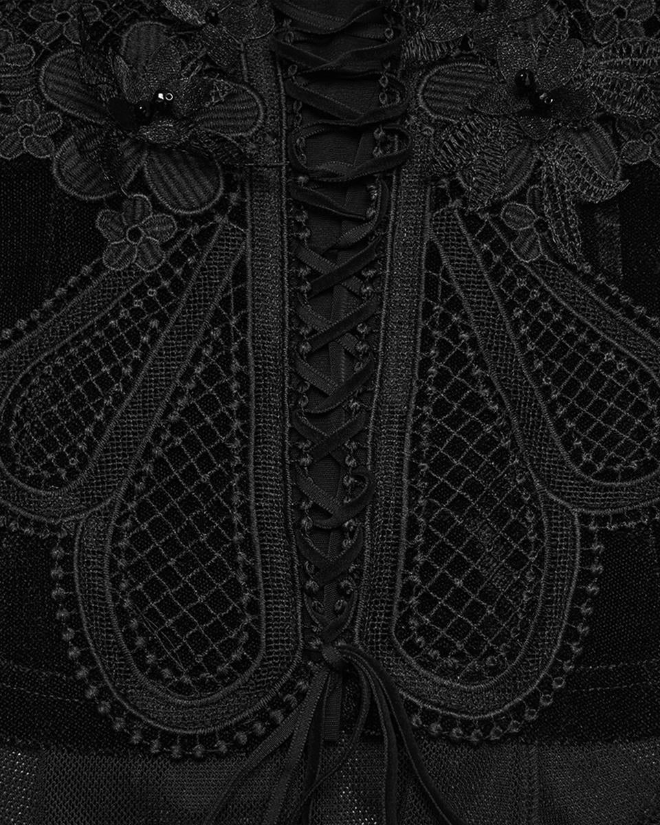 PR-WT-1069TCF-BKF Womens Elegant Gothic Velvet & Mesh Lace Applique Blouse Top