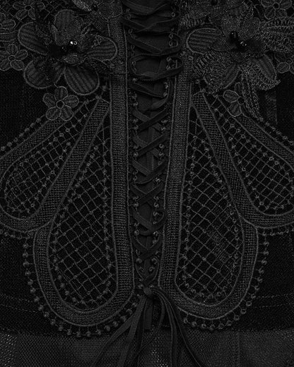 PR-WT-1069TCF-BKF Womens Elegant Gothic Velvet & Mesh Lace Applique Blouse Top