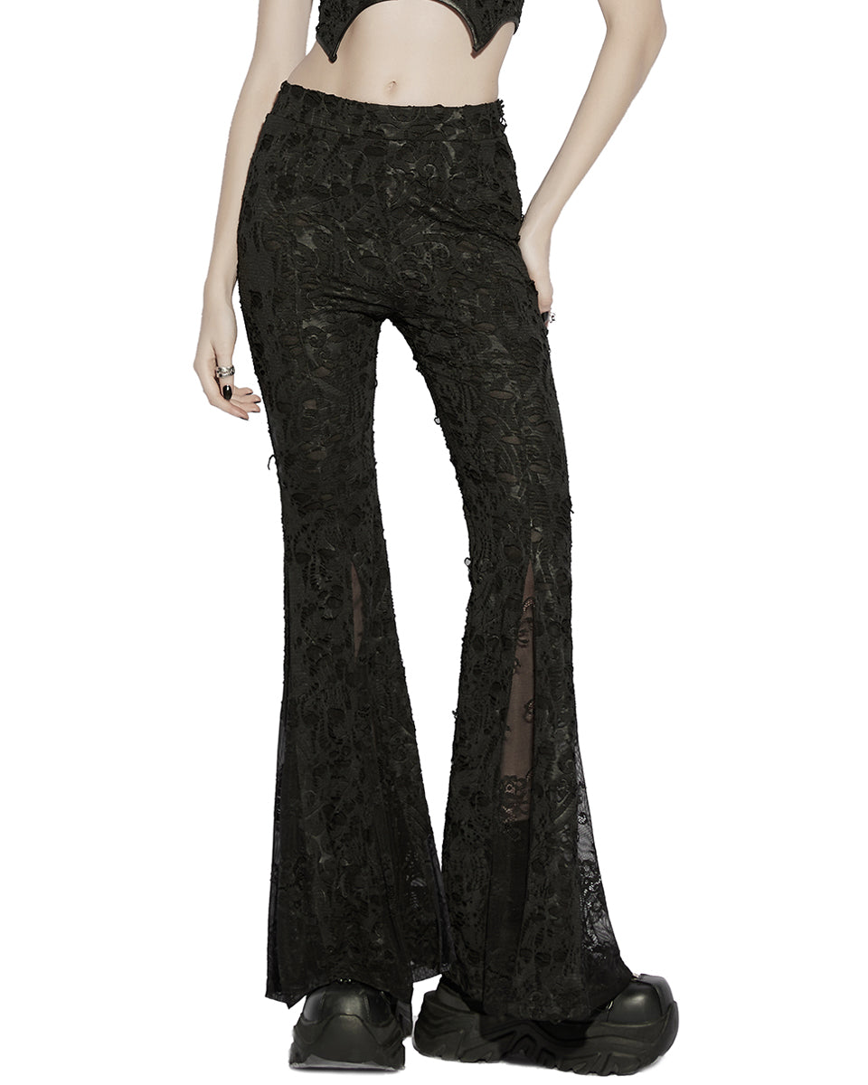 PR-OK-726XCF-BKF Daily Life Womens Apocalyptic Gothic Shredded Jacquard & Lace Flared Leggings