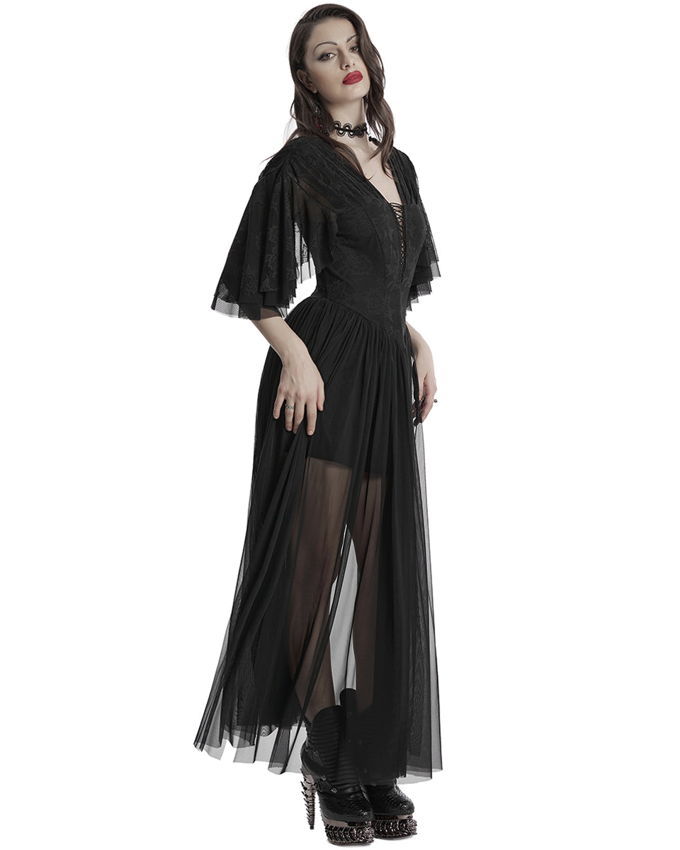 OQ-805LQF Daily Life Long Gothic Rose Lace & Pleated Mesh Lace Up Maxi Dress