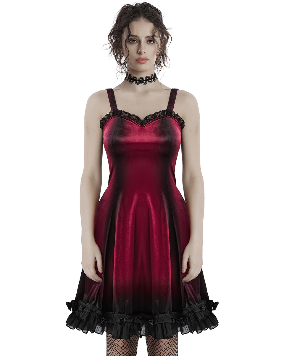 OQ-780DQF-RDF Daily Life Gothic Gradient Velvet Mini Dress - Red & Black