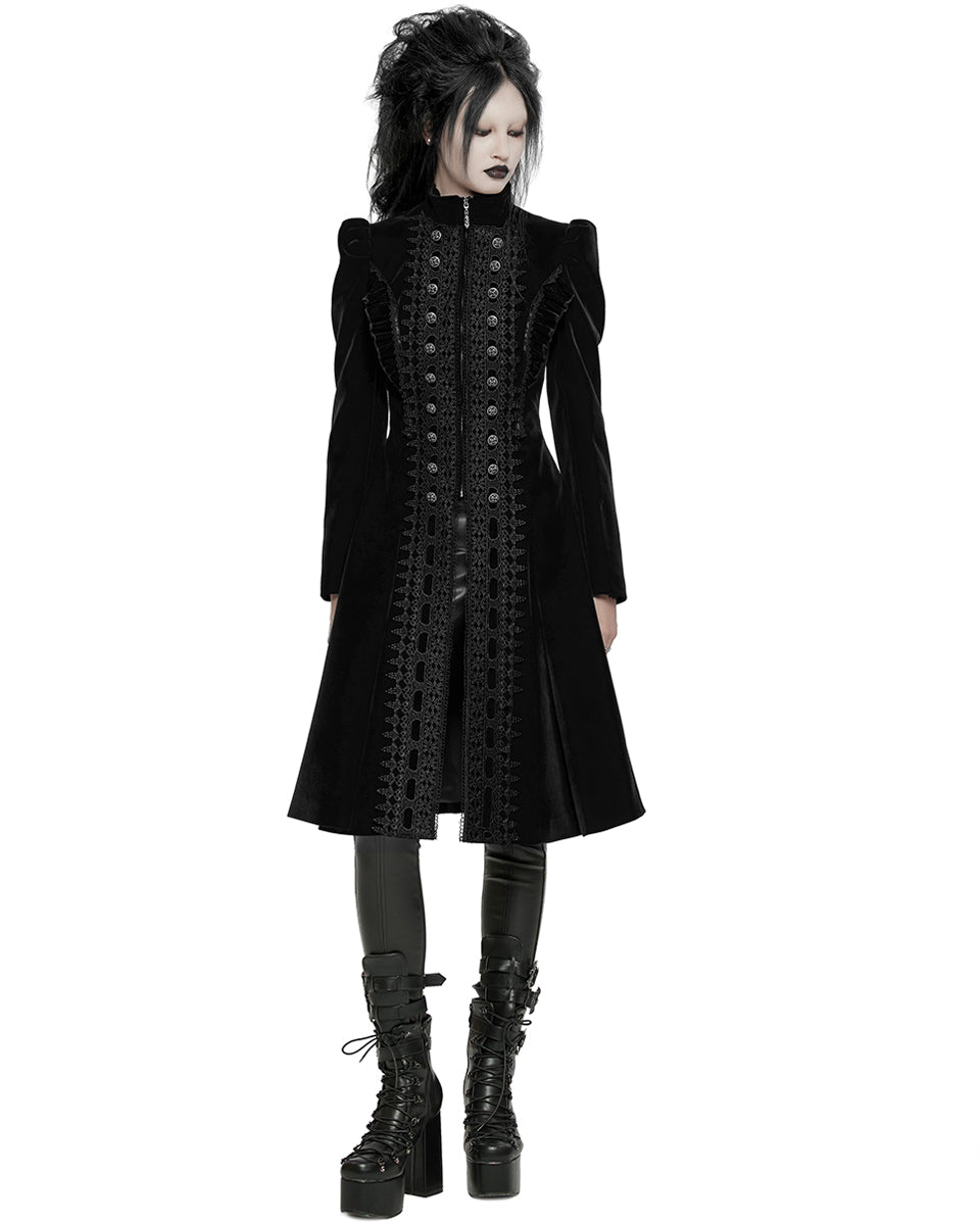 WY-1633XCF Womens Gothic Velvet Embellished Mid Length Military Coat - Black