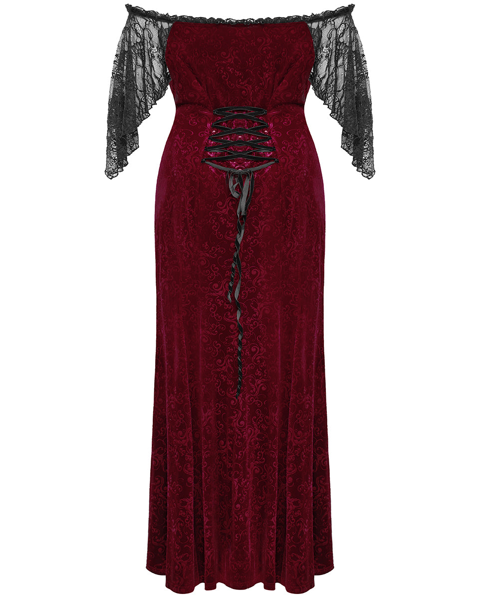 women's dark red and black off the shoulder dress gothic Allegra Bardot Flocked Mini Disturbia The elegant lace detailing and intricate patterns ensure a sophisticated yet edgy look Gothic Off Shoulder Wave Dress