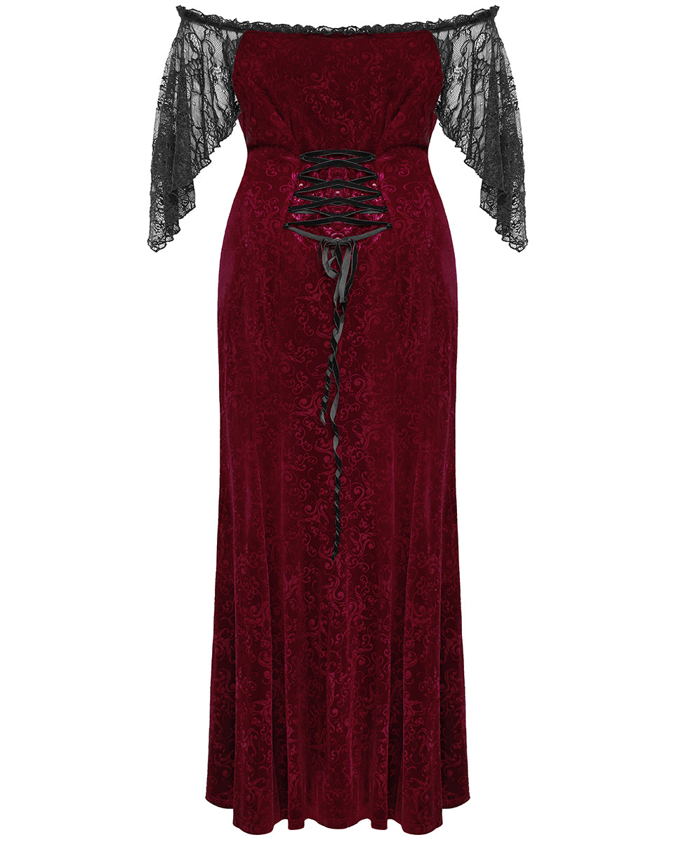 DQ-730LQF Plus Size Womens Gothic Embossed Velvet Off-Shoulder Maxi Dress - Red