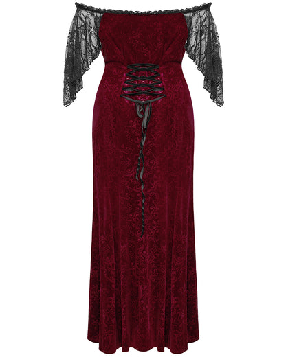 DQ-730LQF Plus Size Womens Gothic Embossed Velvet Off-Shoulder Maxi Dress - Red