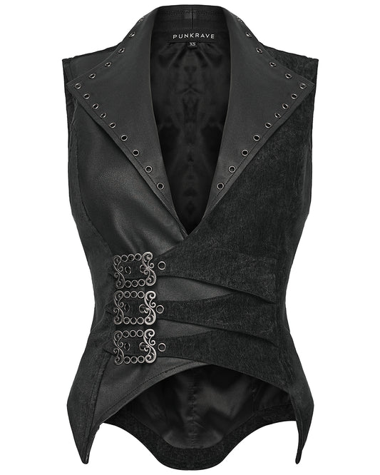 WY-1835MJF Womens Gothic Spliced Velvet & Faux Leather Asymmetric Waistcoat Vest