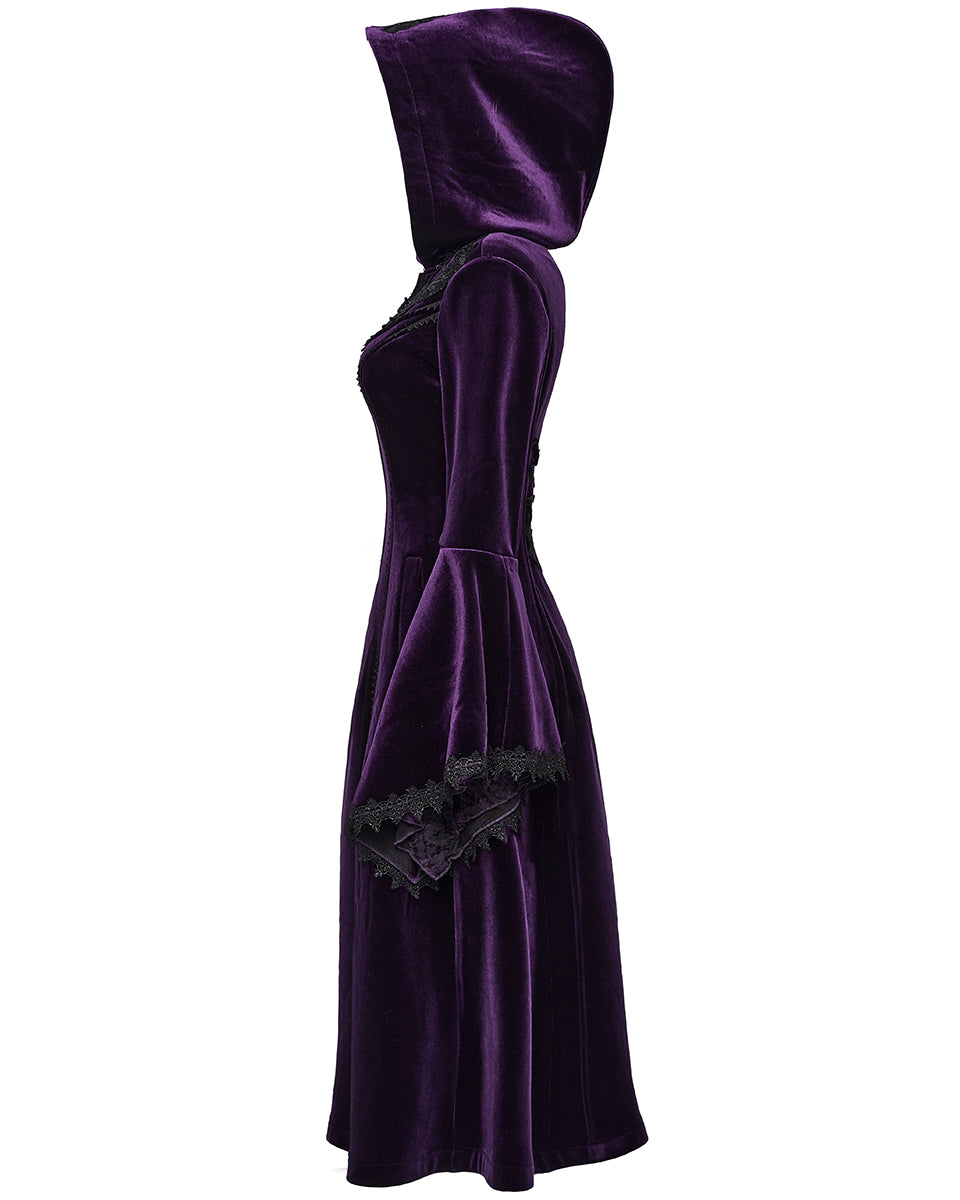 PR-DY-1510LCF-BKVIF Womens Gorgeous Gothic Lace Applique Hooded Coat - Extended Size Range - Purple Velvet