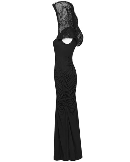 PR-WQ-940LQF-BKF Womens Long Gothic Lace Hooded Ruched Maxi Dress