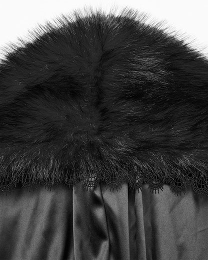 WY-1663DPF Womens Long Gothic Faux Fur Asymmetric Hooded Winter Cloak - Black