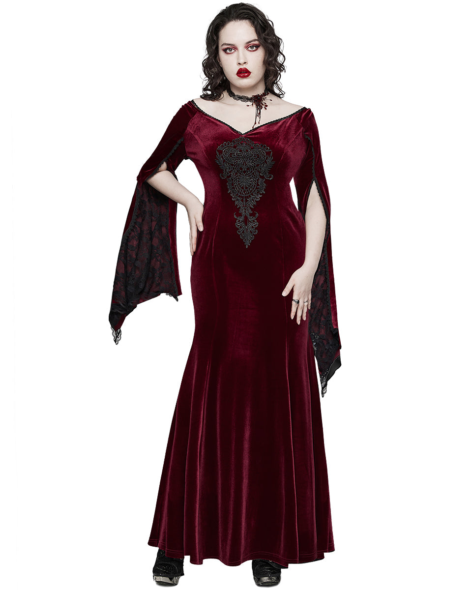 PR-DQ-641LQF-RDF Classic Gothic Off Shoulder Maxi Dress - Extended Size Range - Red Velvet