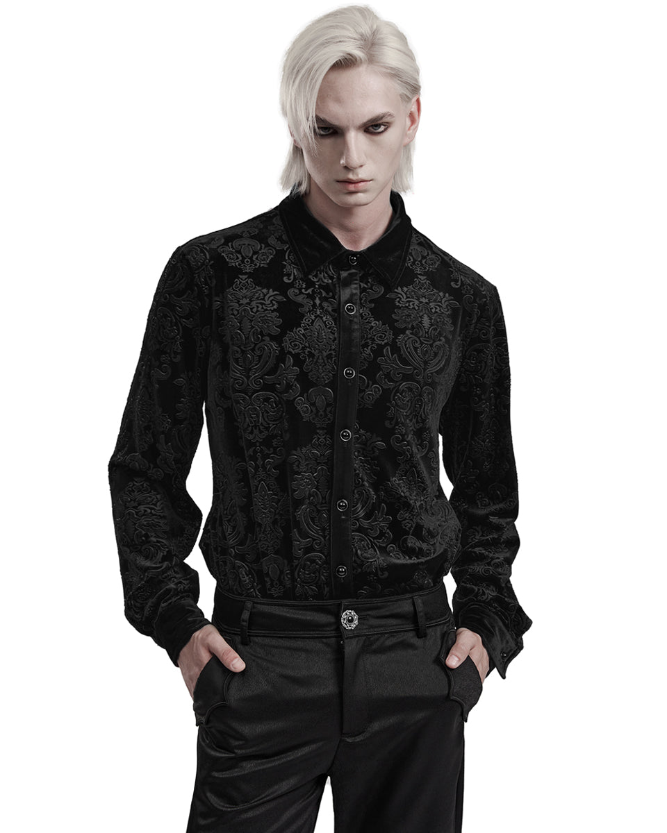 PR-WY-1541CCM-BKM Mens Gothic Aristocrat Embossed Velvet Damask Shirt - Black