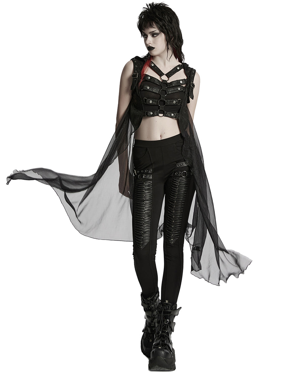 WY-1711MJF-BKF Womens Gothic Cyberpunk Hooded Harness Chiffon Cloak Cape