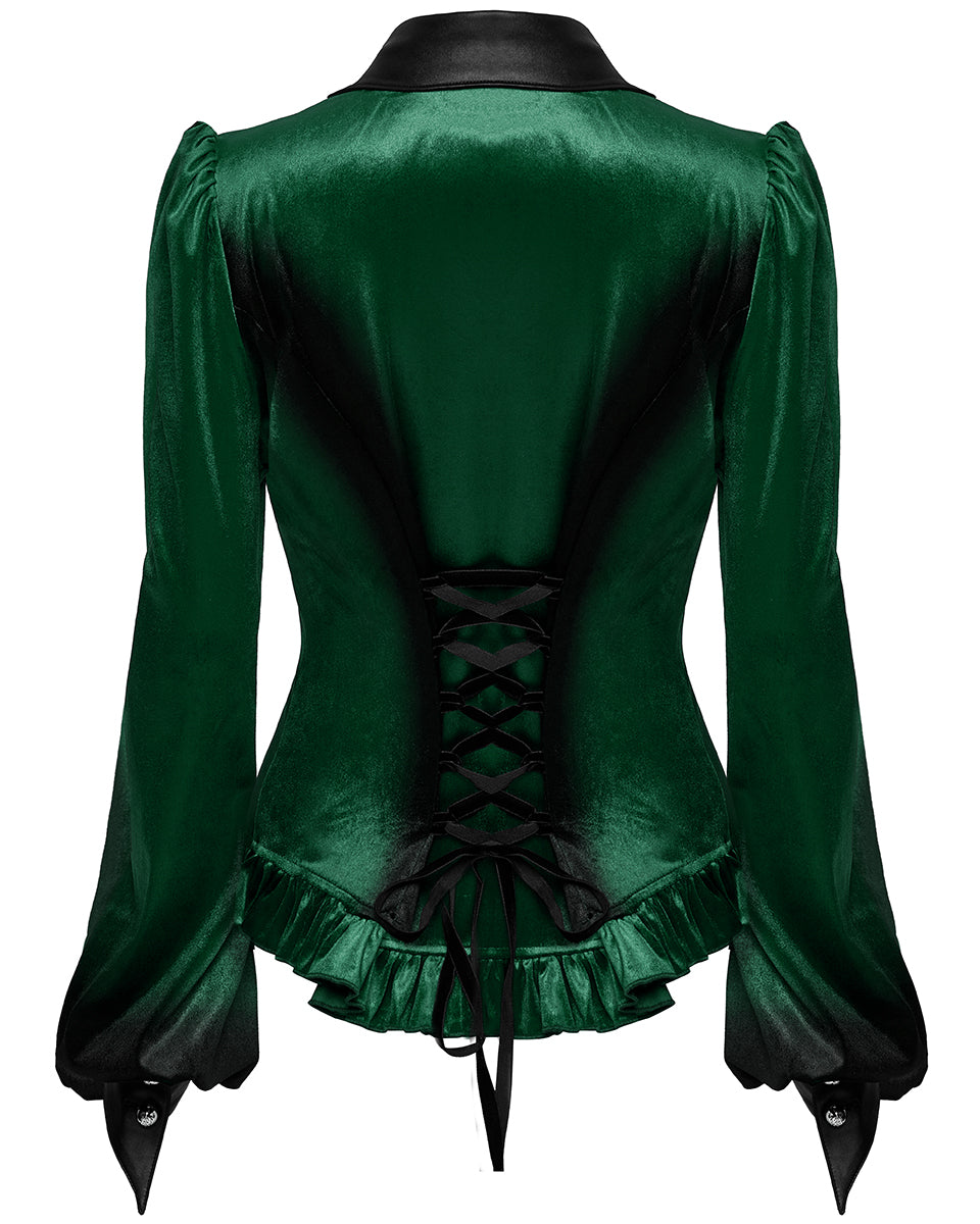 OY-1697DQF-GRF Daily Life Gothic Gradient Velvet Bat Collar Blouse Top - Green & Black