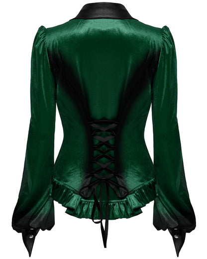 OY-1697DQF-GRF Daily Life Gothic Gradient Velvet Bat Collar Blouse Top - Green & Black