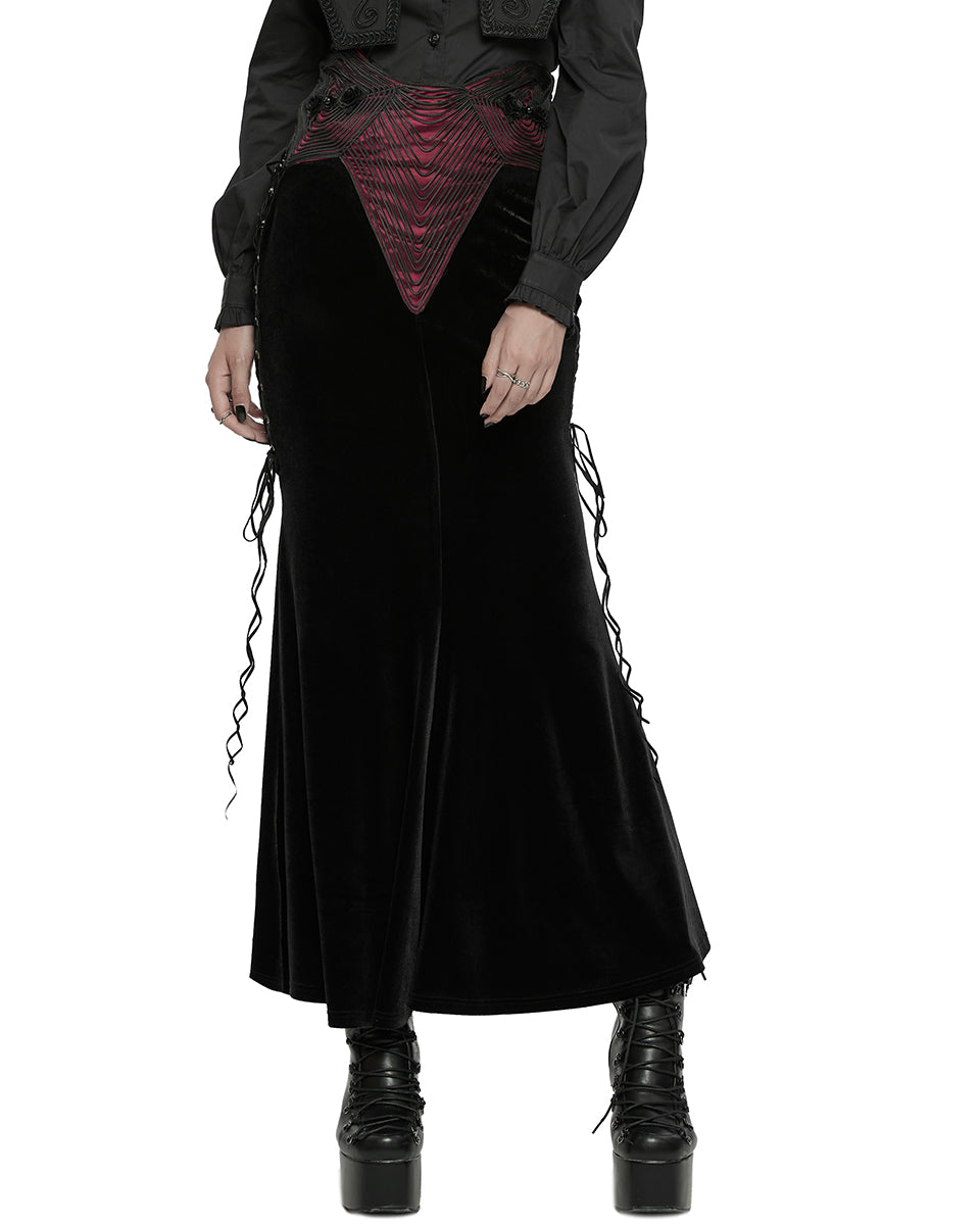 WQ-742BQF Womens Long Gothic Rose Lace Up Velvet Fishtail Skirt - Black & Red