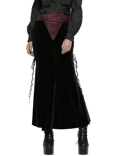 WQ-742BQF Womens Long Gothic Rose Lace Up Velvet Fishtail Skirt - Black & Red