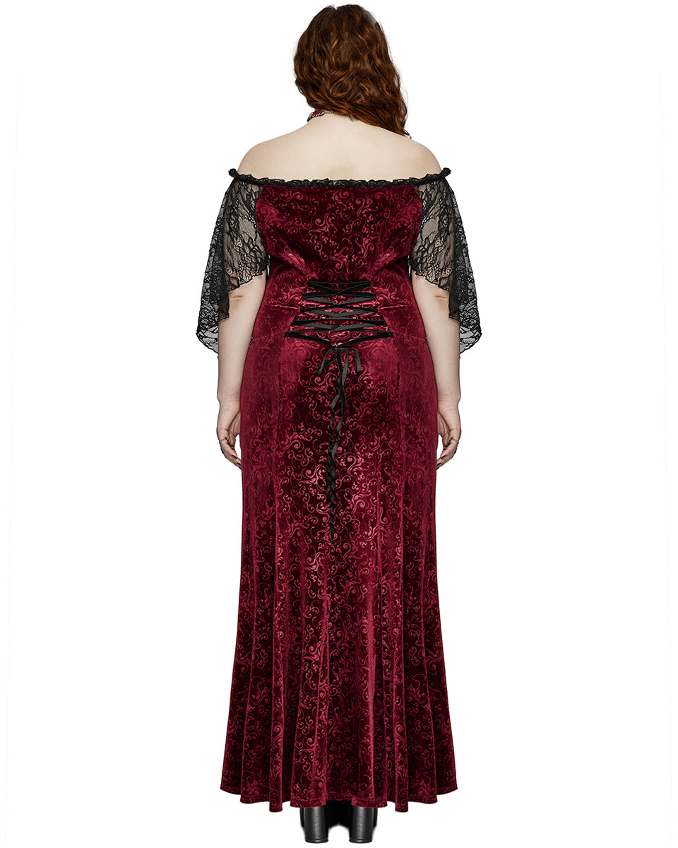 DQ-730LQF Plus Size Womens Gothic Embossed Velvet Off-Shoulder Maxi Dress - Red