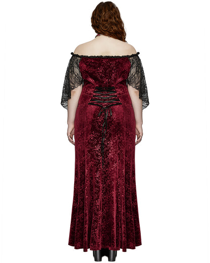 DQ-730LQF Plus Size Womens Gothic Embossed Velvet Off-Shoulder Maxi Dress - Red