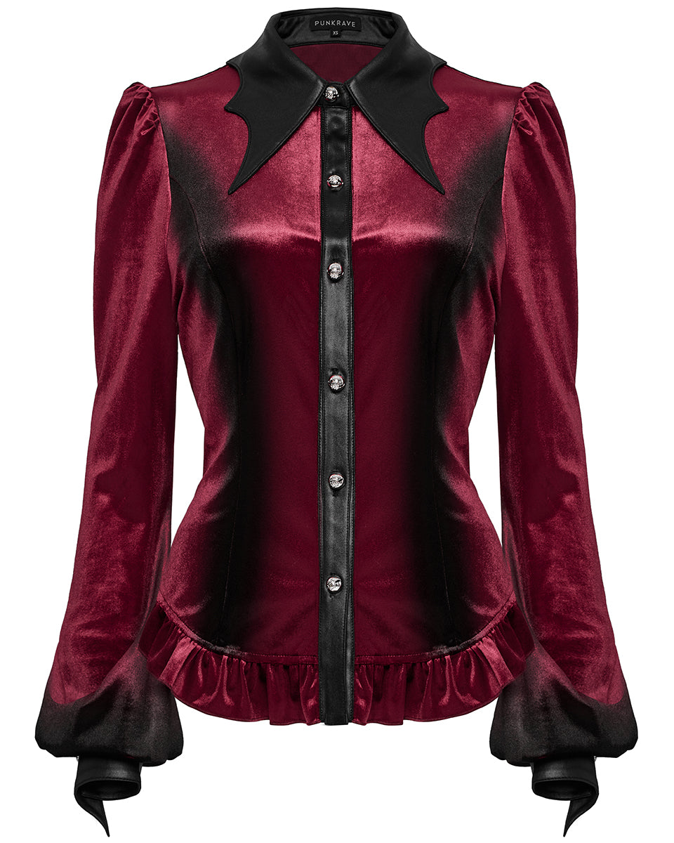 OY-1697DQF-RDF Daily Life Gothic Gradient Velvet Bat Collar Blouse Top - Red & Black