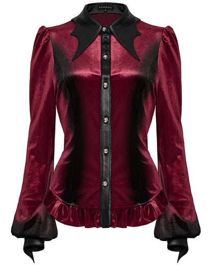 OY-1697DQF-RDF Daily Life Gothic Gradient Velvet Bat Collar Blouse Top - Red & Black
